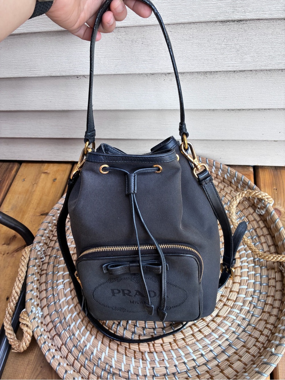 Prada Black canapa Bucket Bag with Gold Hardware ( authentic)